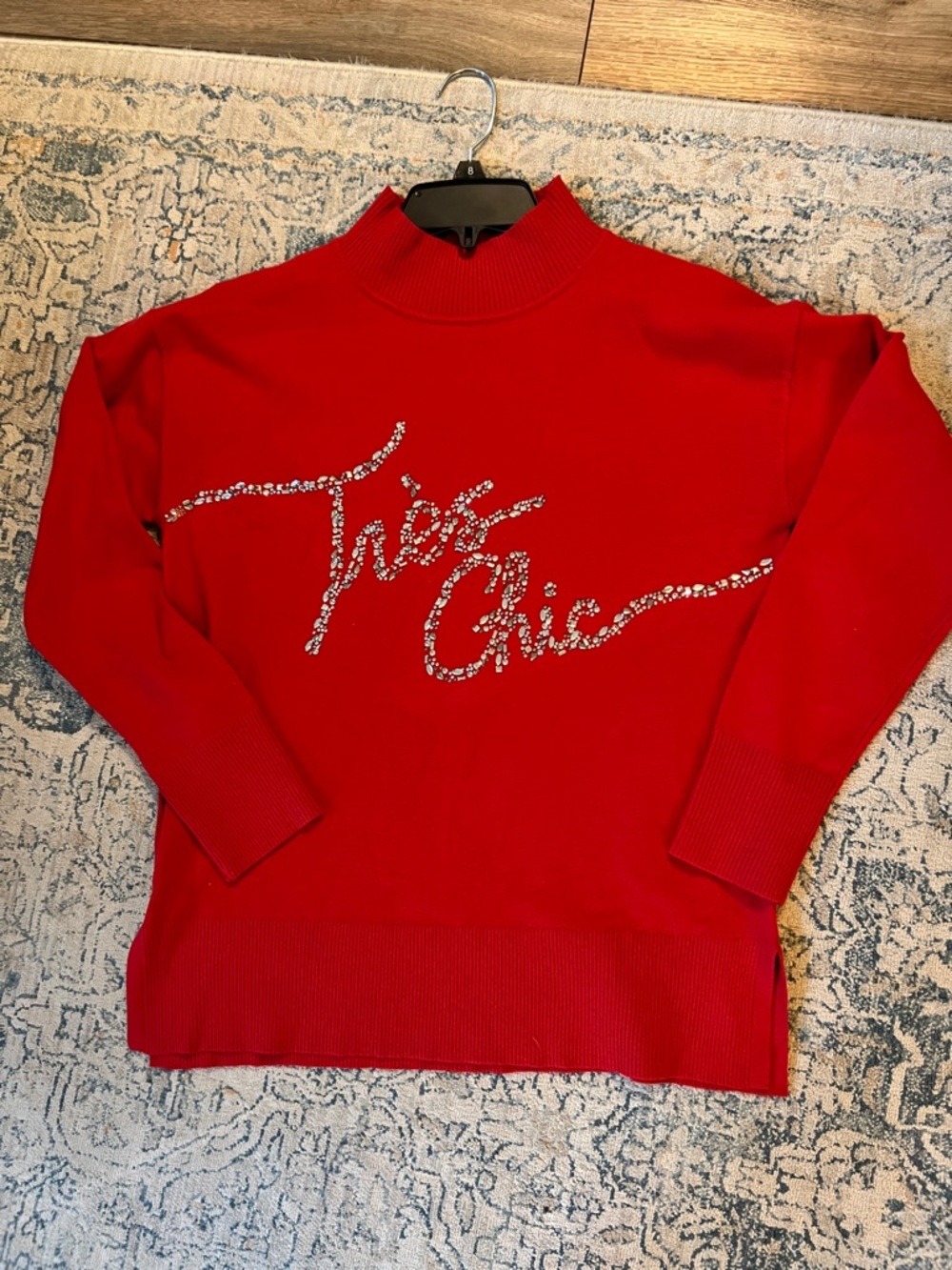 Karl Lagerfeld XS Red Embellished 'Tres Chic' Crewneck Sweater